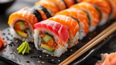 A close-up of layered sushi presentation featuring uramaki rolls topped with salmon and tuna slices served with wasabi, sesame seeds, and chopsticks on a dark slate plate