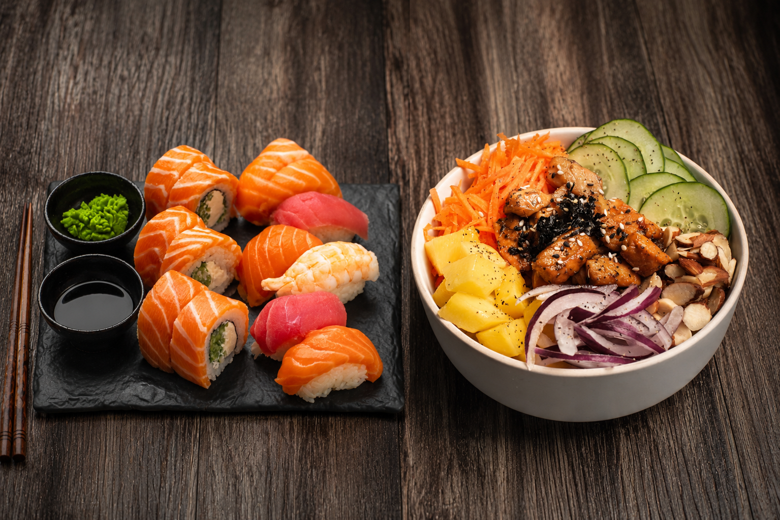 Sushi vs poke comparison showing a poke bowl next to a sushi and sashimi platter
